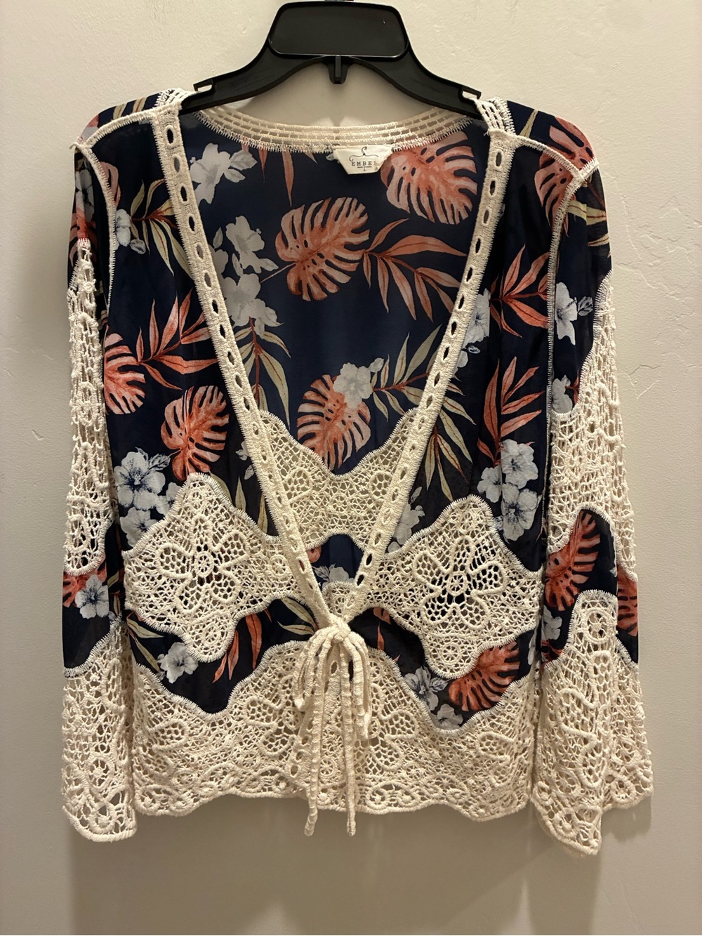 Boho Crochet-Trim Navy Floral Tie-Front Tunic Jacket